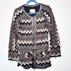 Mike‎ Gonzalez Size M Cardigan Wool Blend Leather Trim Full Zip Chevron Pattern